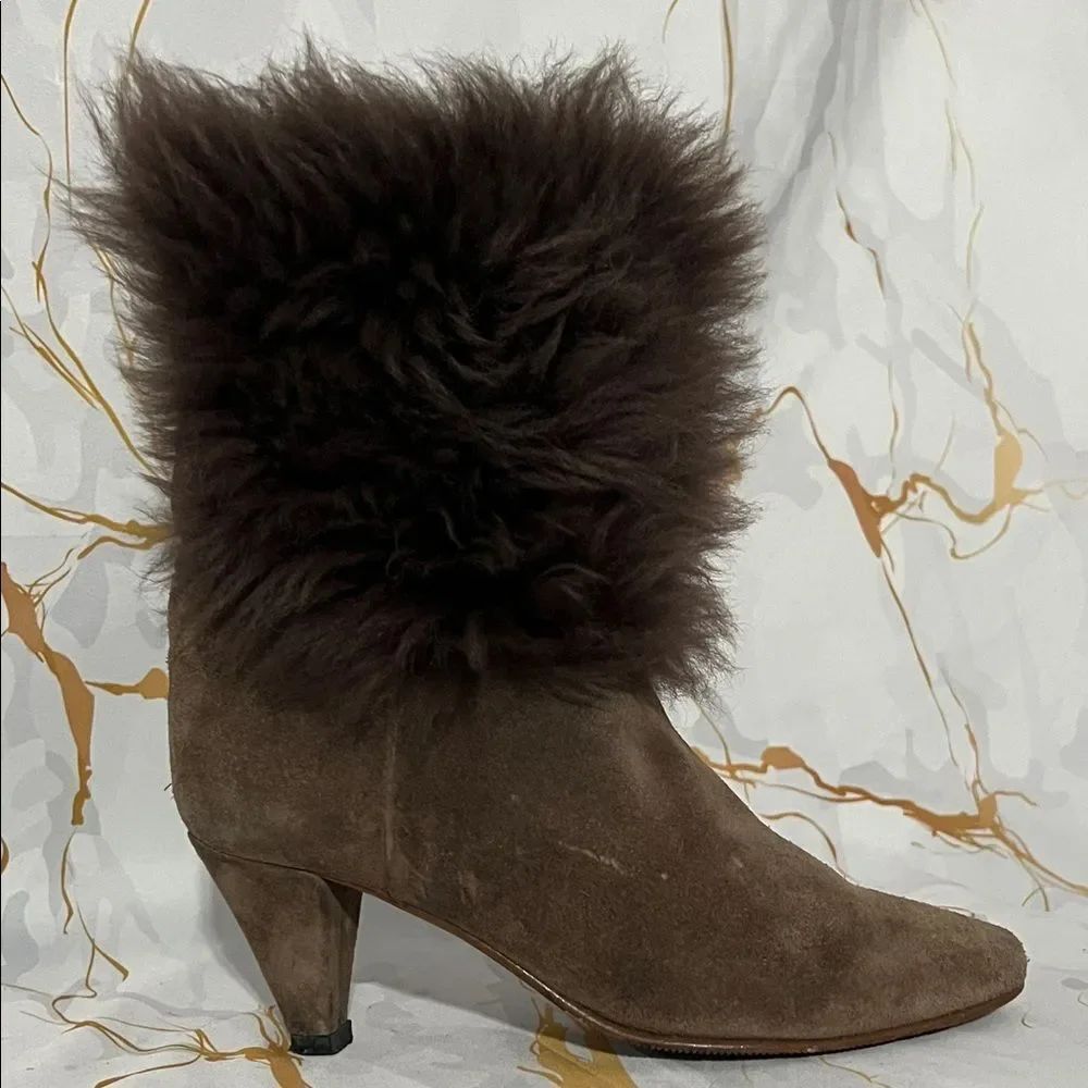 Vintage Unisa Brown Suede Heeled Boots with Fur Trim